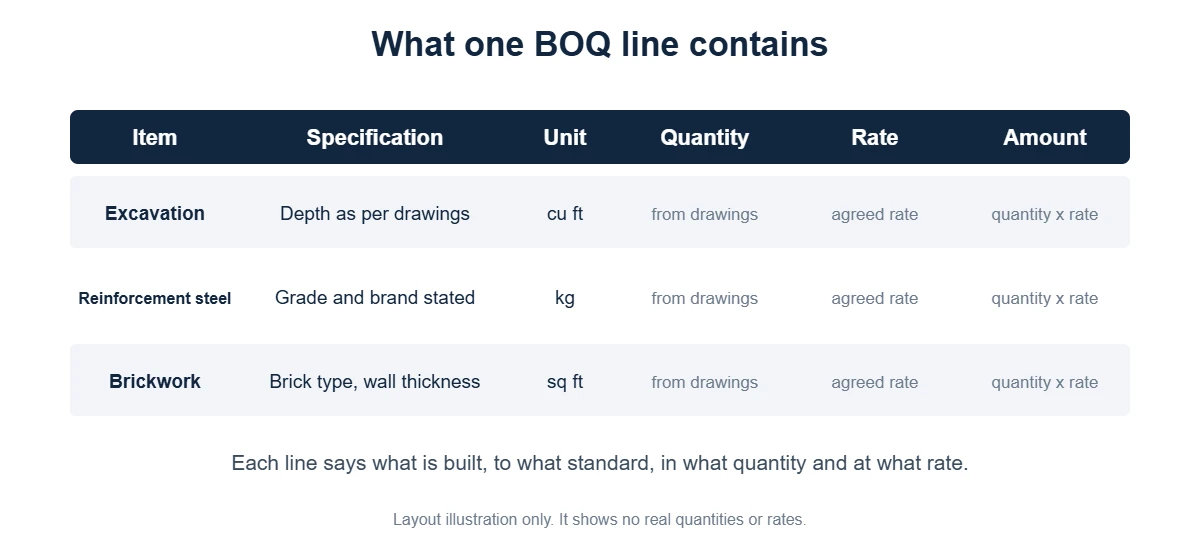 Layout of a bill of quantities line with item, specification, unit, quantity, rate and amount columns (illustration without real figures)