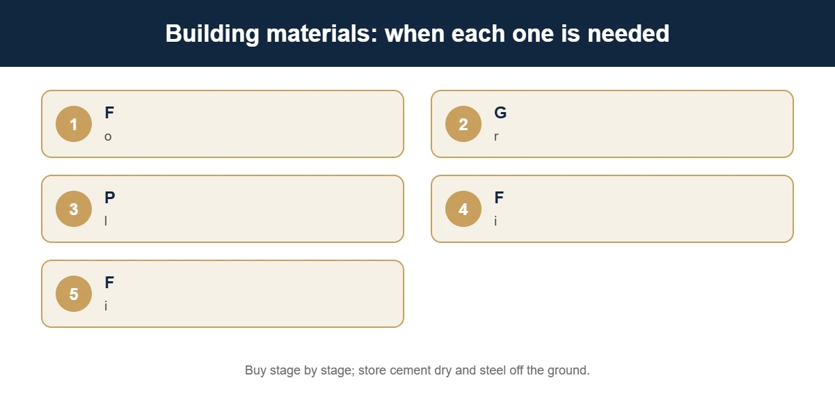 Building materials needed at each construction stage in Pakistan