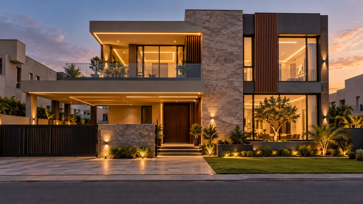 Modern luxury house front elevation in DHA Lahore at dusk