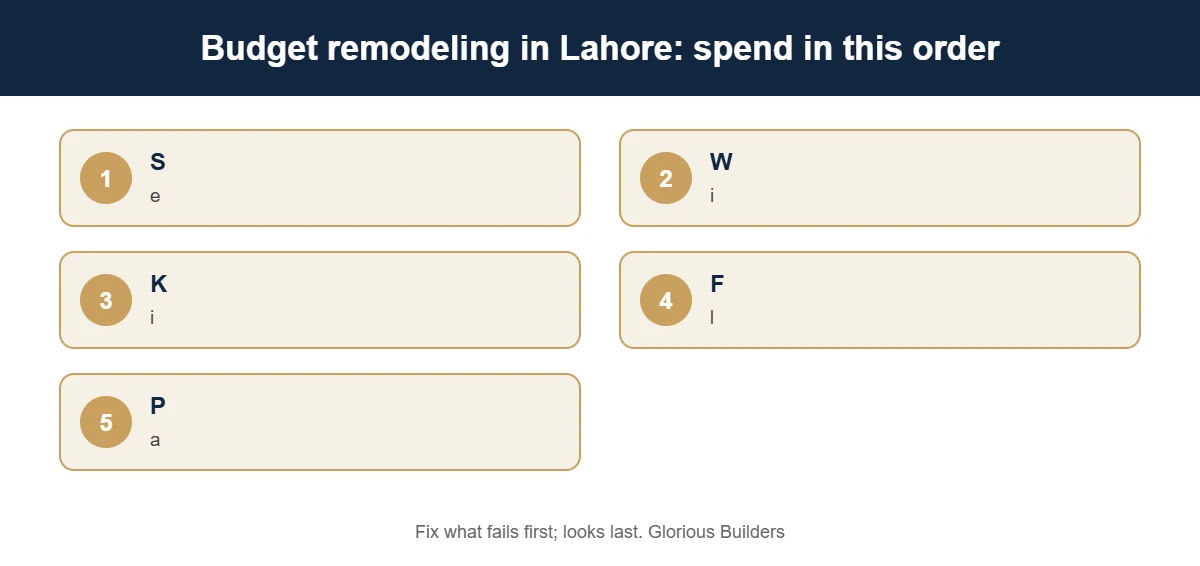 Budget home remodeling priority order in Lahore: seepage, wiring and plumbing, kitchen and bathrooms, floors, then paint