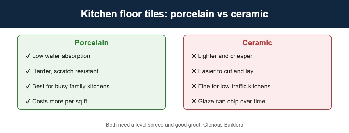 Porcelain vs ceramic kitchen floor tiles compared for Pakistani kitchens