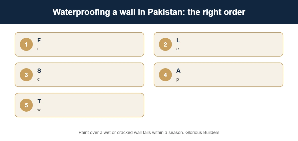 Waterproof paint application order for walls in Pakistan: fix seepage, dry, scrape, prime, two coats